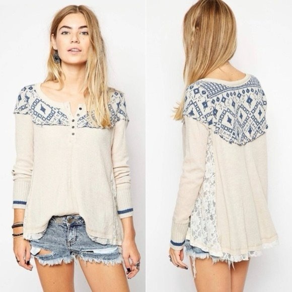 We The Free Cream and Blue Patterned Lace Long Sleeve Top - Picture 1 of 9